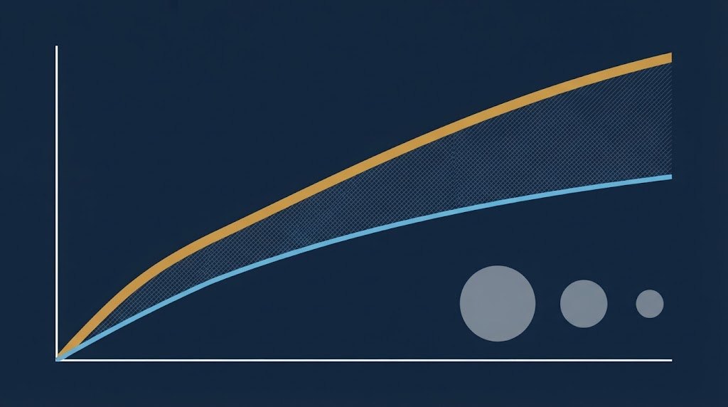 Diagrama con la curva nominal y la curva real separándose año a año, y tres círculos decrecientes que representan la pérdida de poder adquisitivo